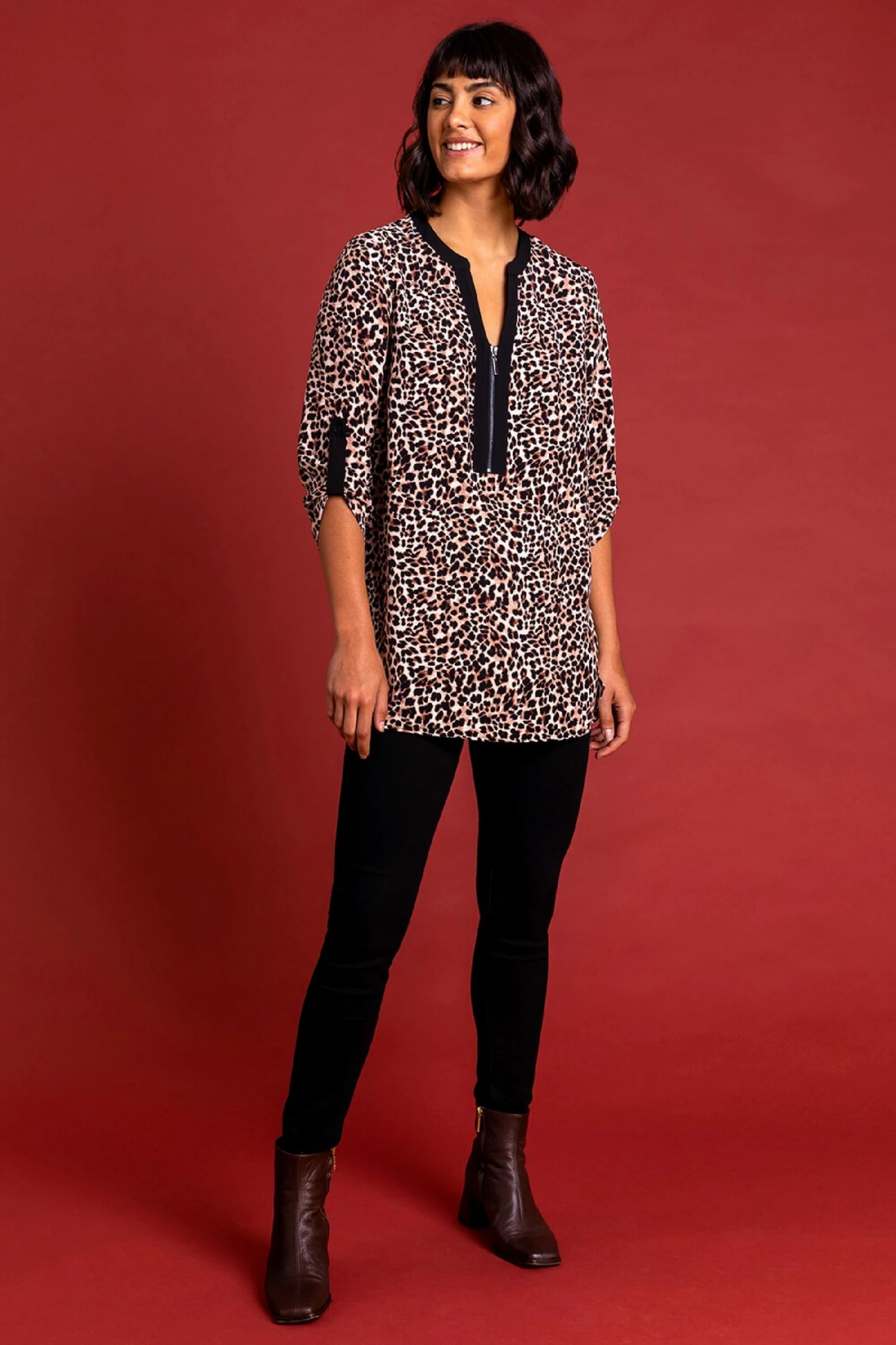 Roman Brown Animal Printed Zip Detail Top 4 Roman Brown Animal Printed Zip Detail Top - Image 2