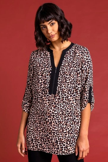 Roman Brown Animal Printed Zip Detail Top 7 Roman Brown Animal Printed Zip Detail Top - Image 5