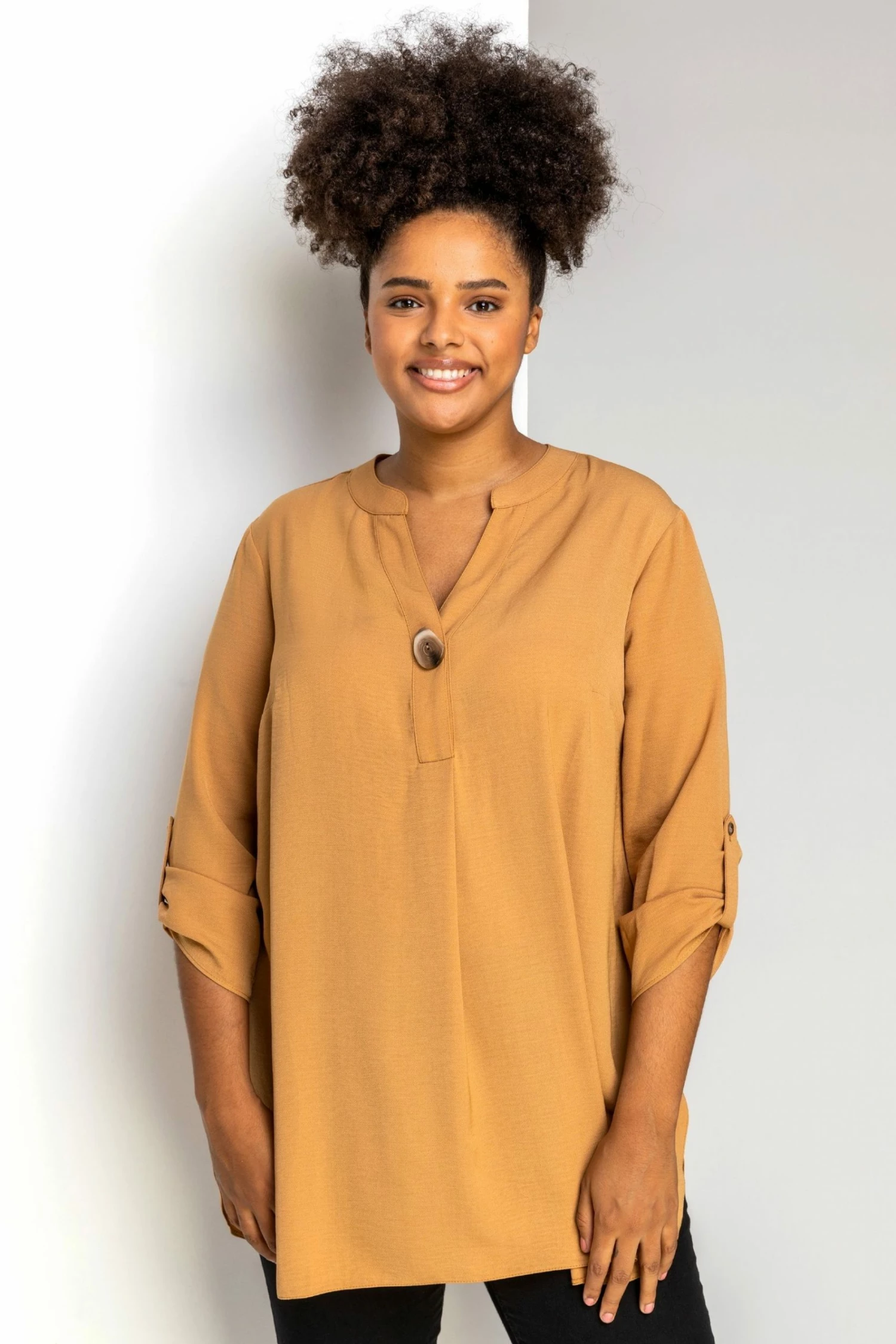 Roman Yellow Curve Notch Neck Tunic Top 3 Roman Yellow Curve Notch Neck Tunic Top