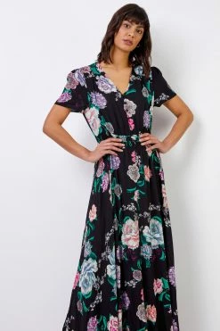 Roman Black Floral Print Shirred Waist Maxi Dress