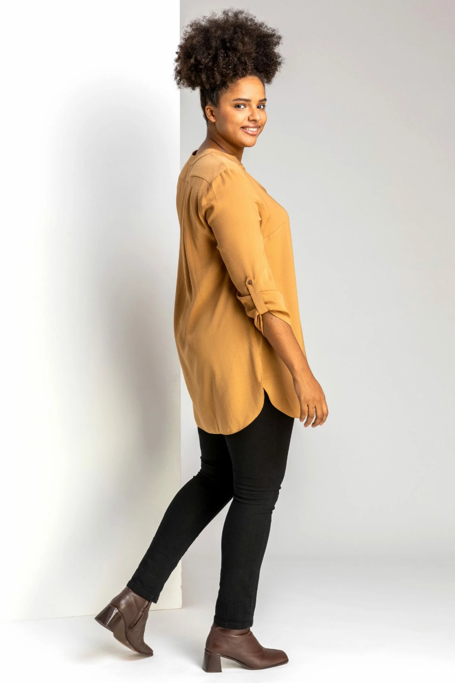 Roman Yellow Curve Notch Neck Tunic Top 4 Roman Yellow Curve Notch Neck Tunic Top - Image 2