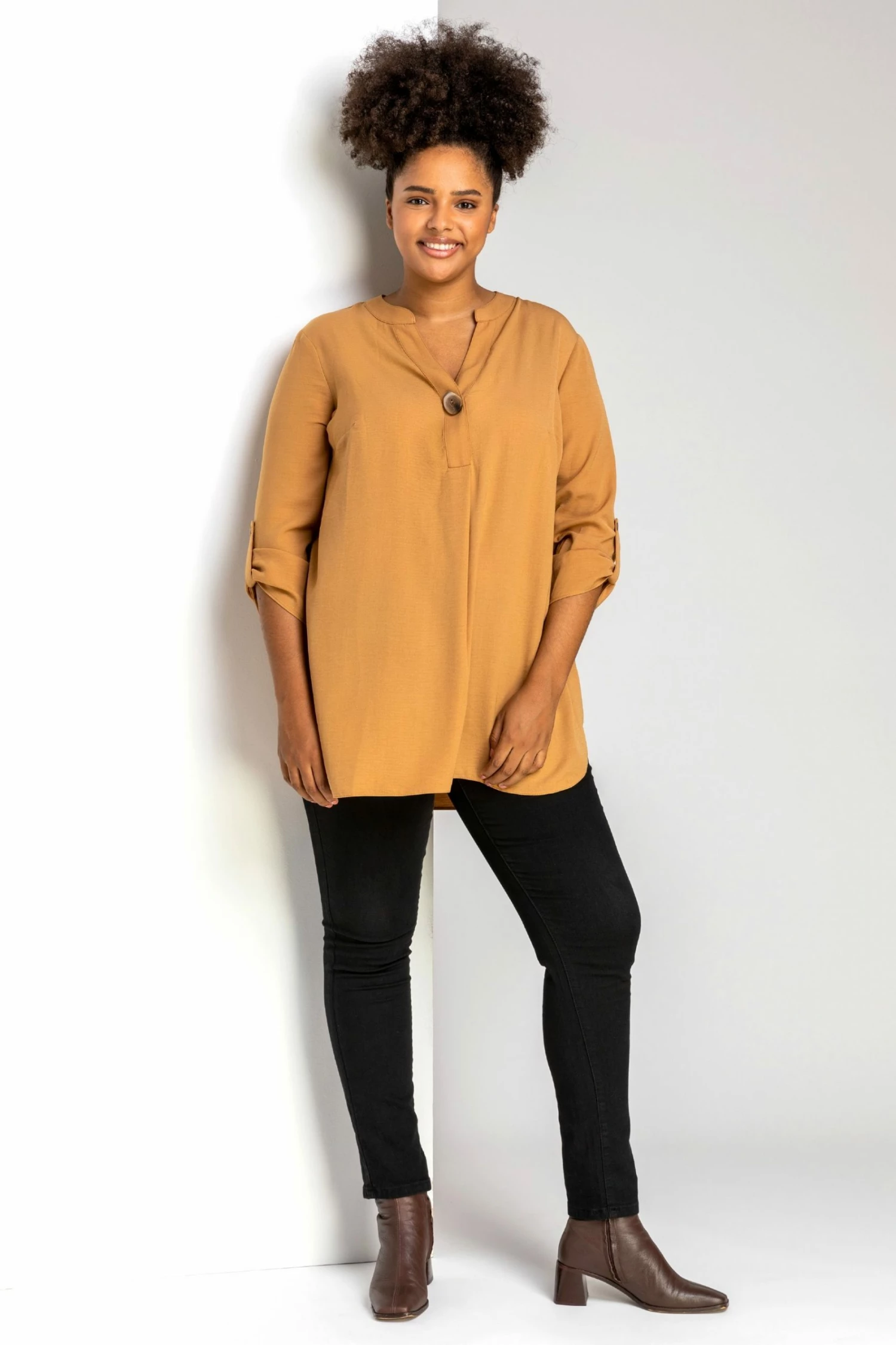 Roman Yellow Curve Notch Neck Tunic Top 5 Roman Yellow Curve Notch Neck Tunic Top - Image 3