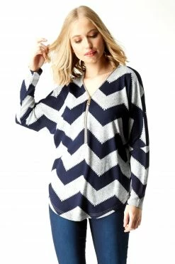 Roman Grey Zig Zag Print Zip Front Top