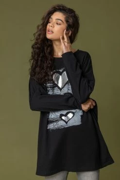 Roman Black Foil Heart Print Tunic Top
