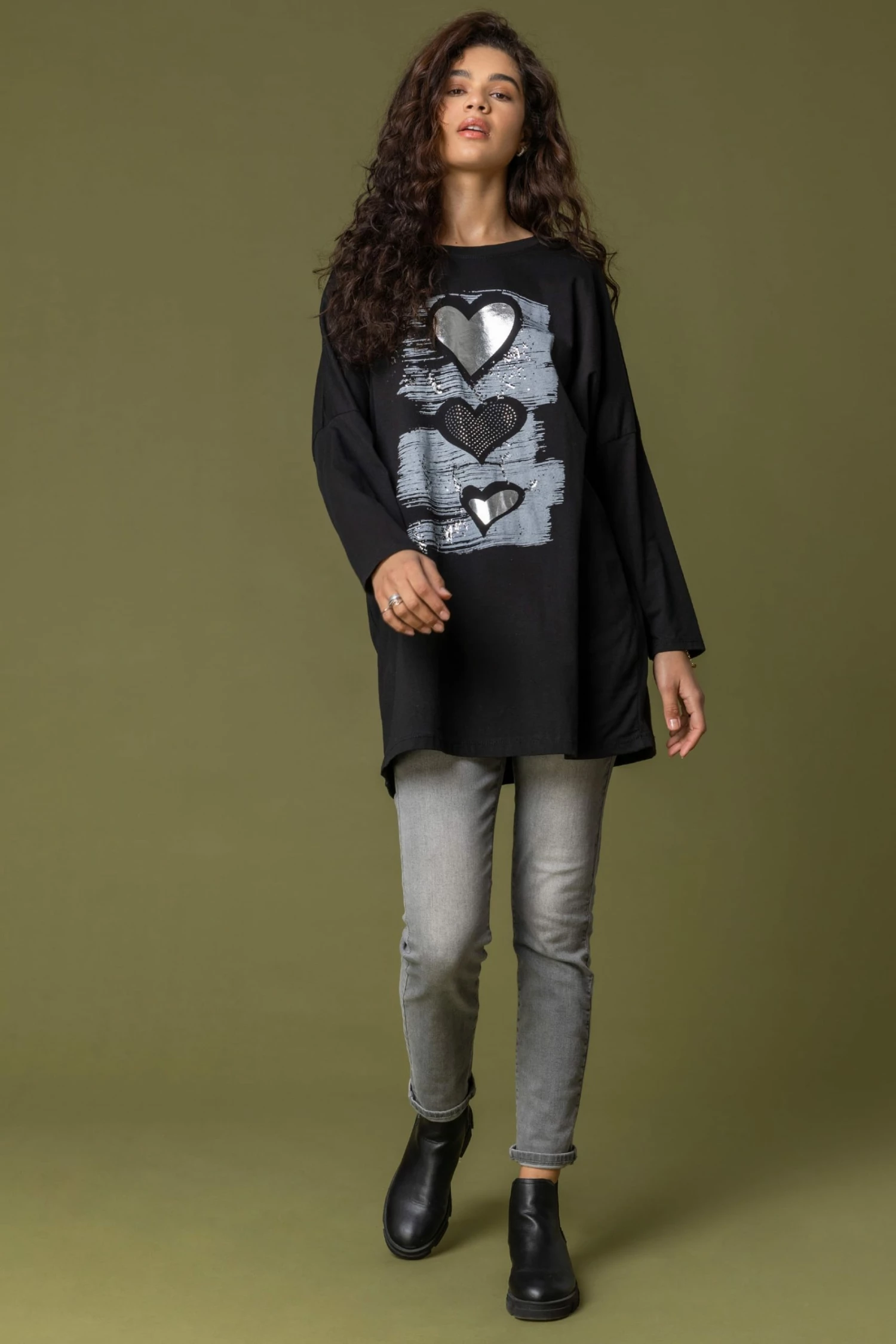 Roman Black Foil Heart Print Tunic Top 4 Roman Black Foil Heart Print Tunic Top - Image 2