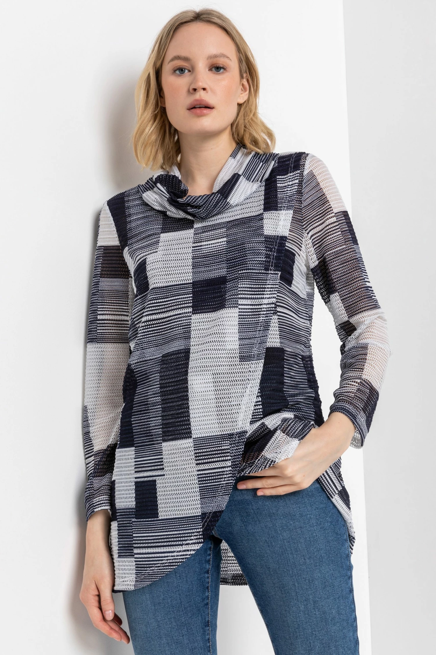 Roman Blue Abstract Colourblock Cowl Neck Tunic 3 Roman Blue Abstract Colourblock Cowl Neck Tunic