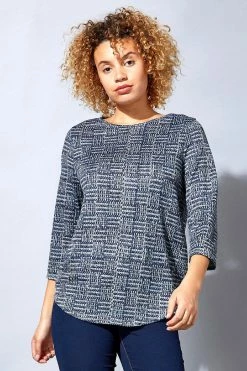 Roman Blue Contrast Check Print Jersey Knit Top