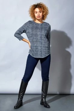 Roman Blue Contrast Check Print Jersey Knit Top -Roman Sales Shop unnamed file 8365