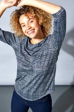 Roman Blue Contrast Check Print Jersey Knit Top -Roman Sales Shop unnamed file 8366