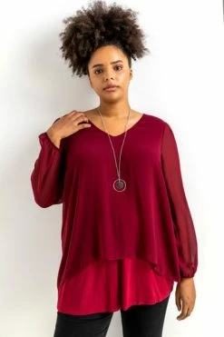 Roman Red Curve Chiffon Top With Necklace -Roman Sales Shop unnamed file 8397