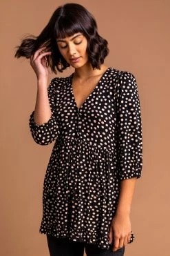 Roman Black Spot Printed Frill Trim Smock Top