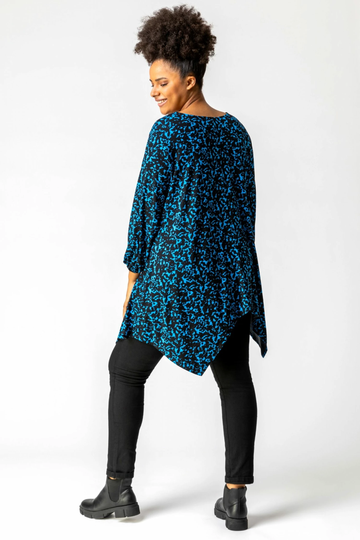 Roman Blue Curve Abstract Print Hanky Hem Tunic 4 Roman Blue Curve Abstract Print Hanky Hem Tunic - Image 2