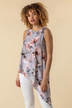 Roman Grey Floral Print Asymmetric Tunic Top