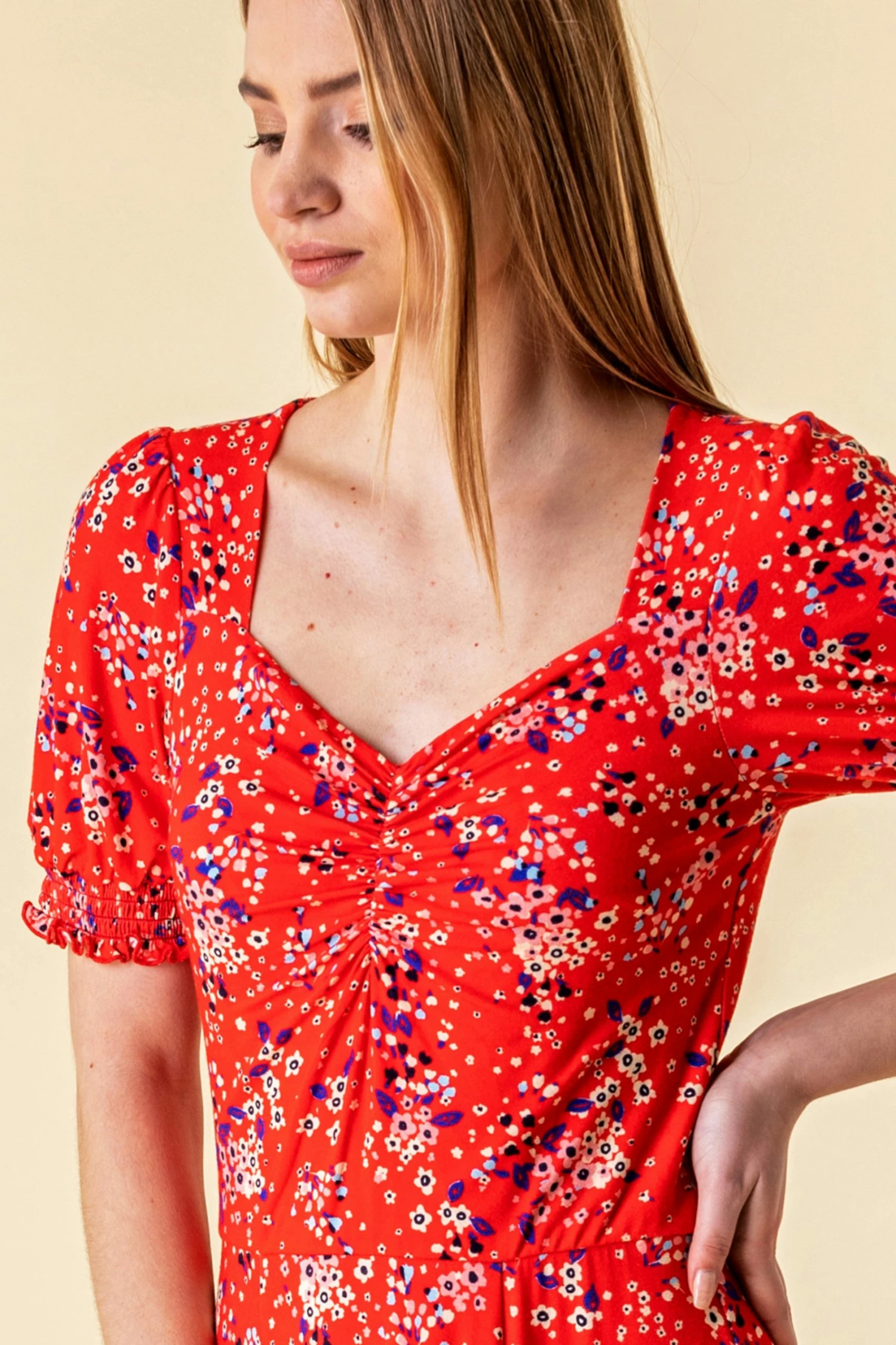 Roman Red Ditsy Floral Ruched Midi Dress 6 Roman Red Ditsy Floral Ruched Midi Dress - Image 4