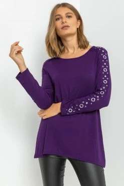 Roman Purple Eyelet Embellished Sleeve Jersey Top