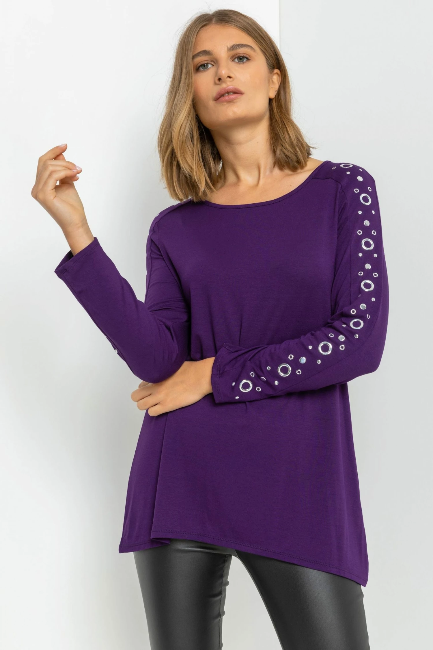 Roman Purple Eyelet Embellished Sleeve Jersey Top 3 Roman Purple Eyelet Embellished Sleeve Jersey Top