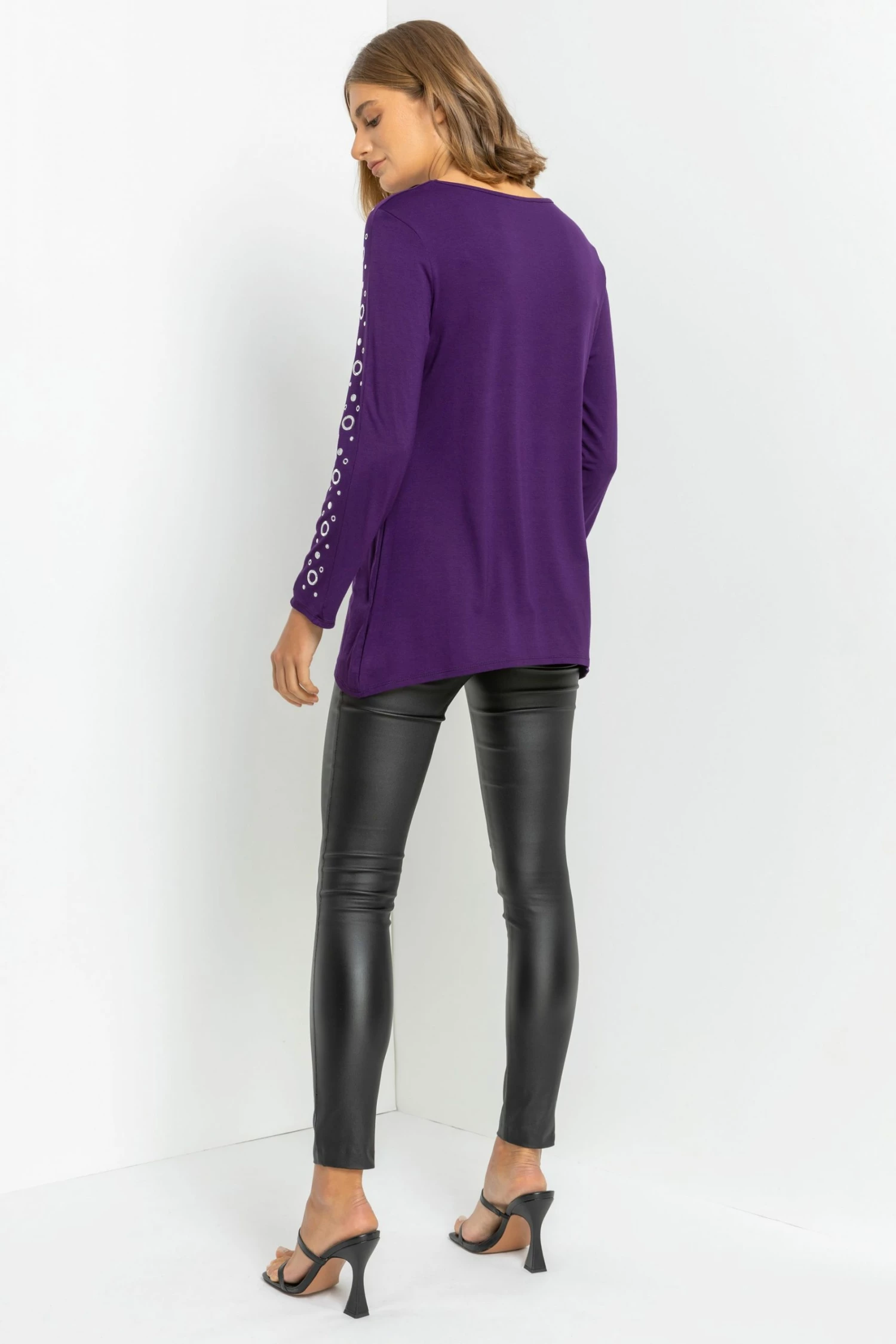 Roman Purple Eyelet Embellished Sleeve Jersey Top 4 Roman Purple Eyelet Embellished Sleeve Jersey Top - Image 2