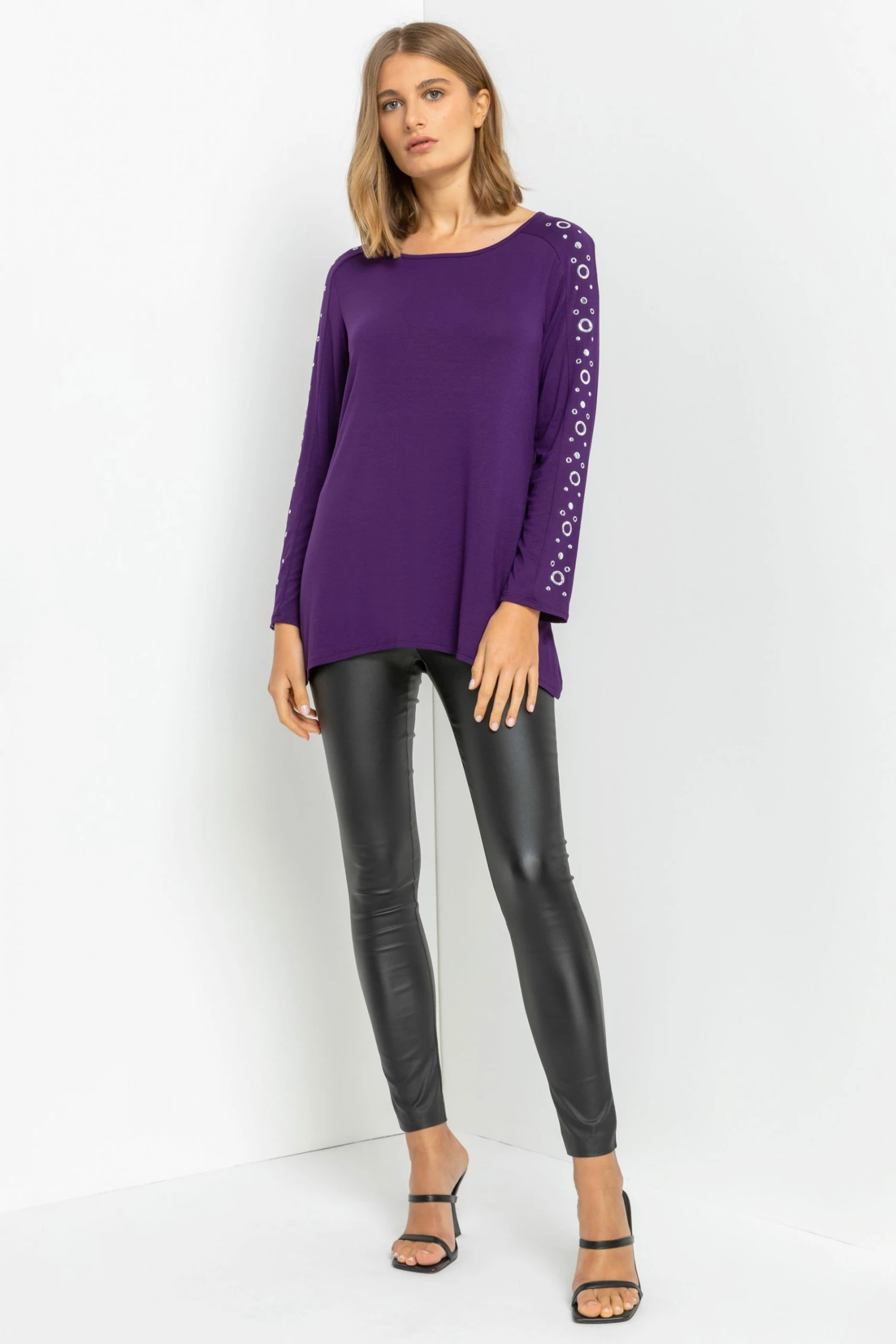 Roman Purple Eyelet Embellished Sleeve Jersey Top 5 Roman Purple Eyelet Embellished Sleeve Jersey Top - Image 3
