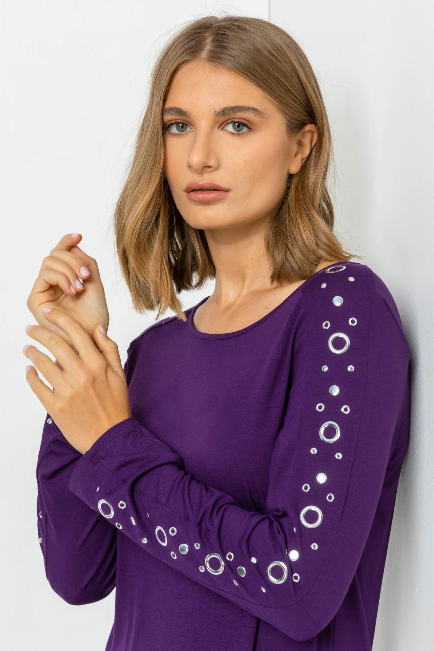 Roman Purple Eyelet Embellished Sleeve Jersey Top 6 Roman Purple Eyelet Embellished Sleeve Jersey Top - Image 4