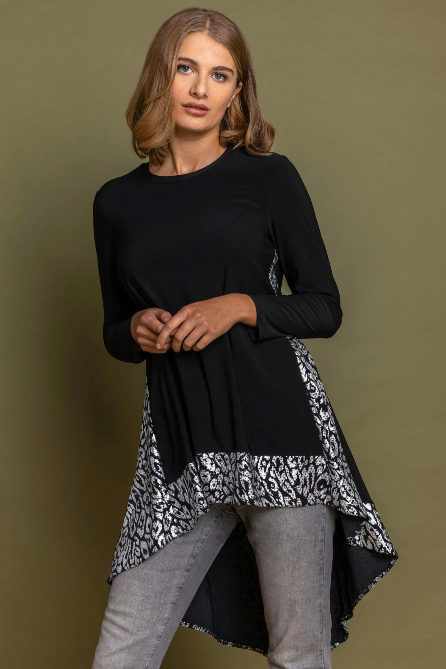 Roman Black Glitter Animal Print Dipped Hem Top 3 Roman Black Glitter Animal Print Dipped Hem Top