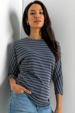 Roman Navy Textured Detail Spot Print Top