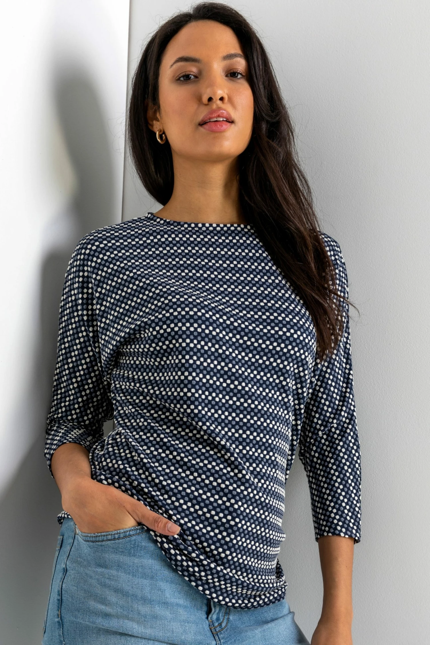 Roman Navy Textured Detail Spot Print Top 3 Roman Navy Textured Detail Spot Print Top