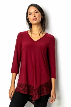 Roman Red Asymmetric Lace Hem Jersey Top