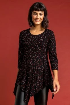 Roman Black Ditsy Star Print Hanky Hem Top