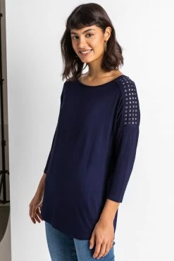 Roman Midnight Blue Shoulder Stud Embellished Top