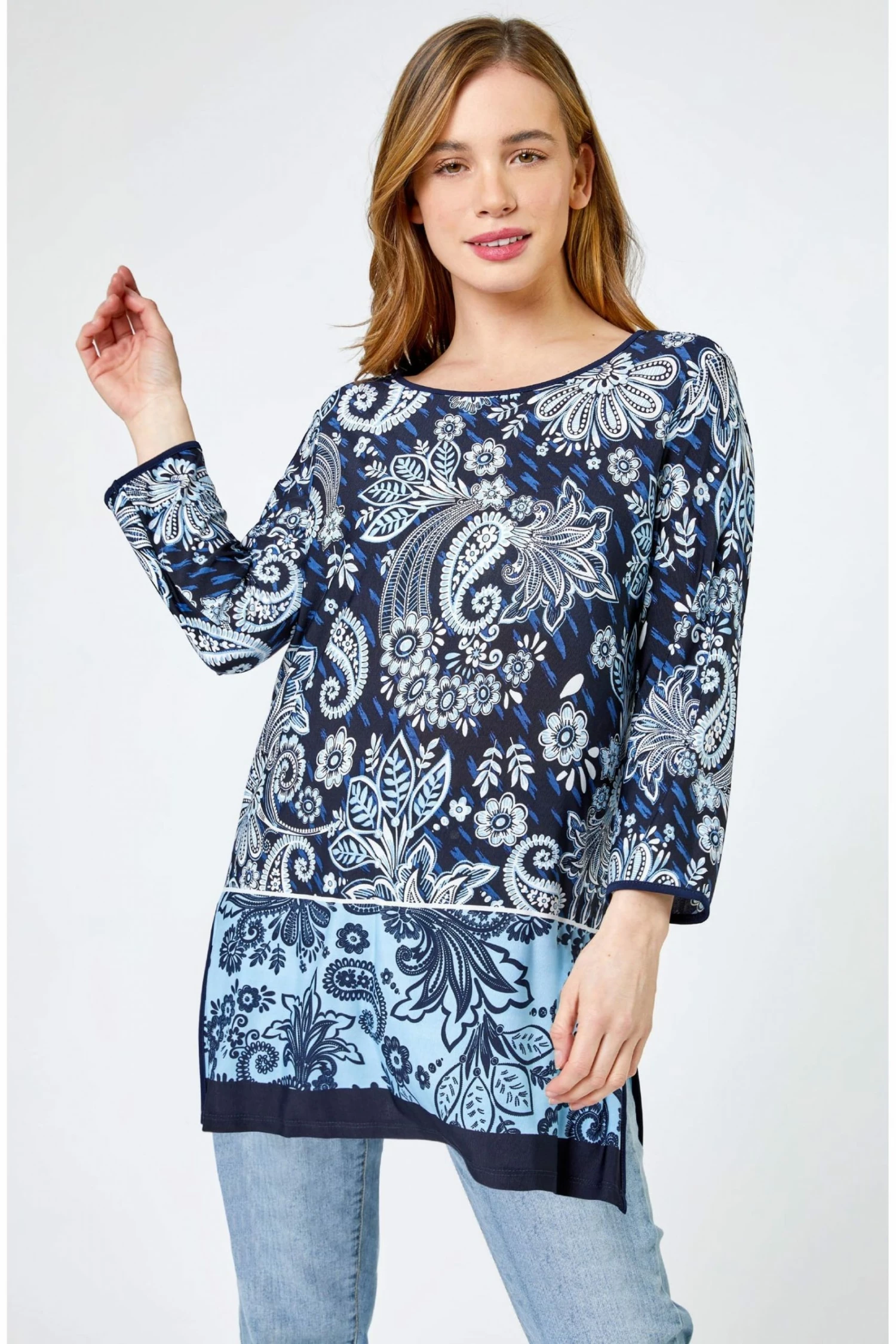 Roman Blue Petite Paisley Print Tunic Top 3 Roman Blue Petite Paisley Print Tunic Top