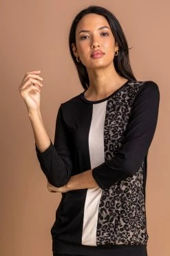 Roman Black Animal Print Colour Block Top