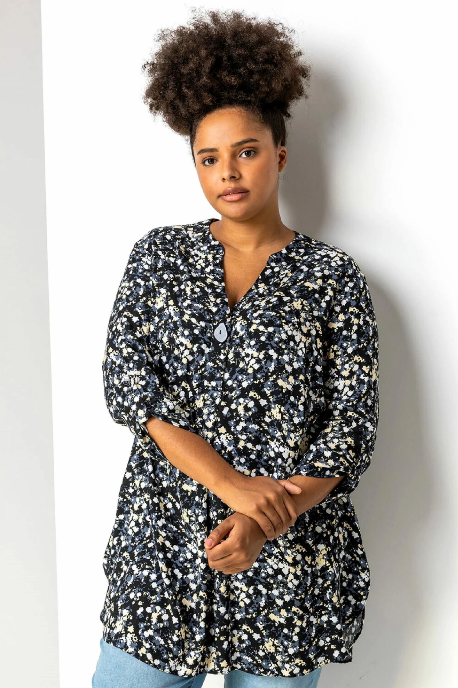 Roman Black Curve Abstract Floral Print Tunic Top 3 Roman Black Curve Abstract Floral Print Tunic Top