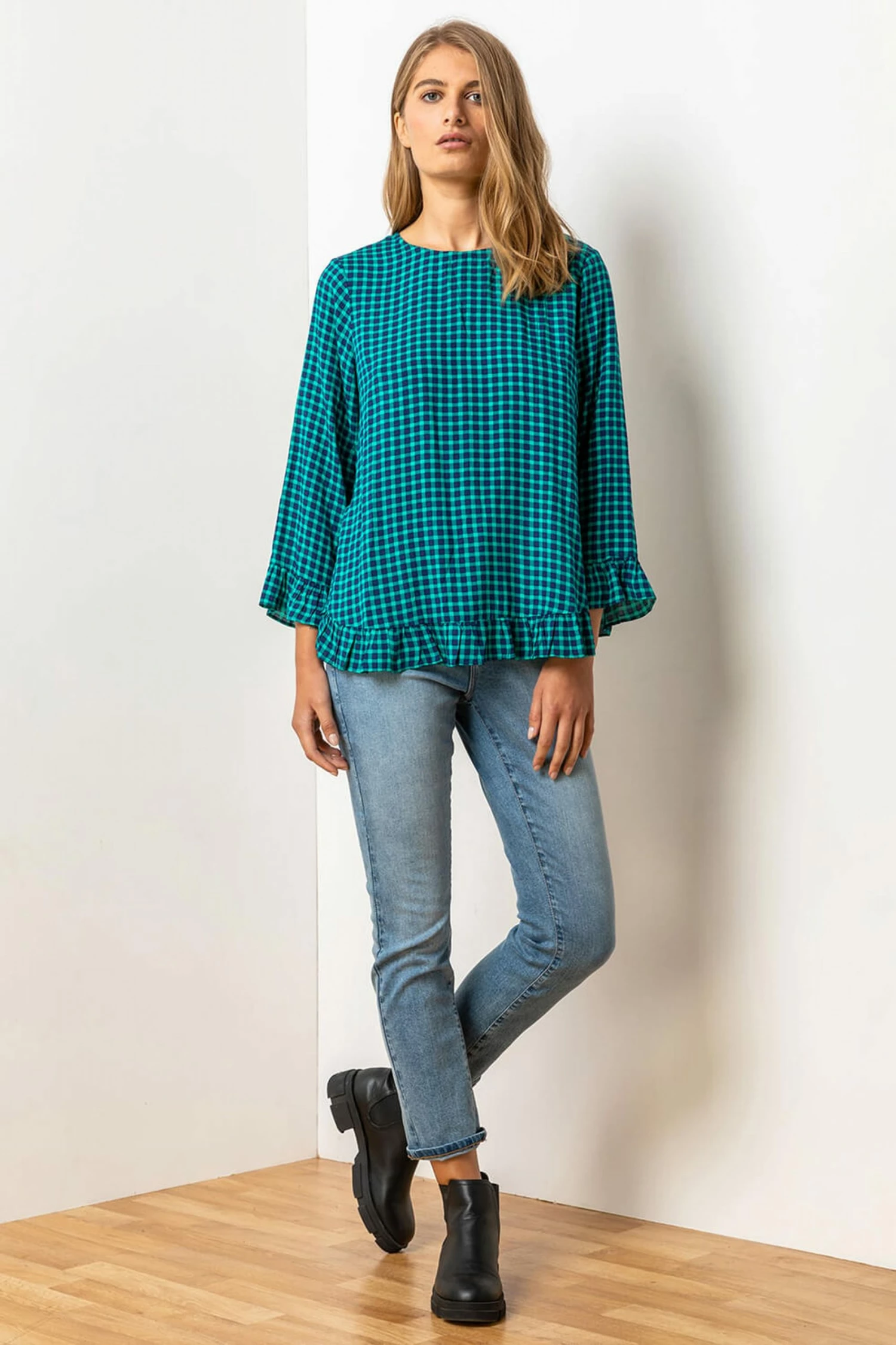 Roman Green Gingham Printed Frill Hem Top 4 Roman Green Gingham Printed Frill Hem Top - Image 2