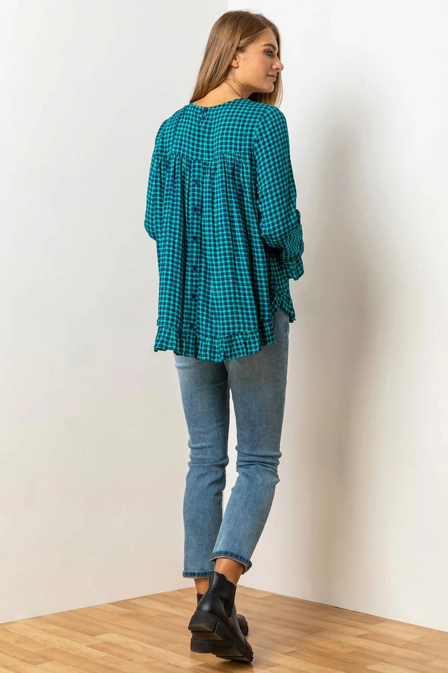 Roman Green Gingham Printed Frill Hem Top 5 Roman Green Gingham Printed Frill Hem Top - Image 3