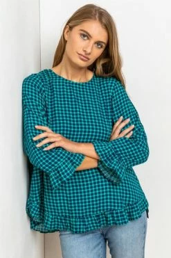 Roman Green Gingham Printed Frill Hem Top 11 Roman Green Gingham Printed Frill Hem Top -Roman Sales Shop unnamed file 8516