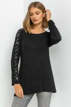 Roman Black Eyelet Embellished Sleeve Jersey Top