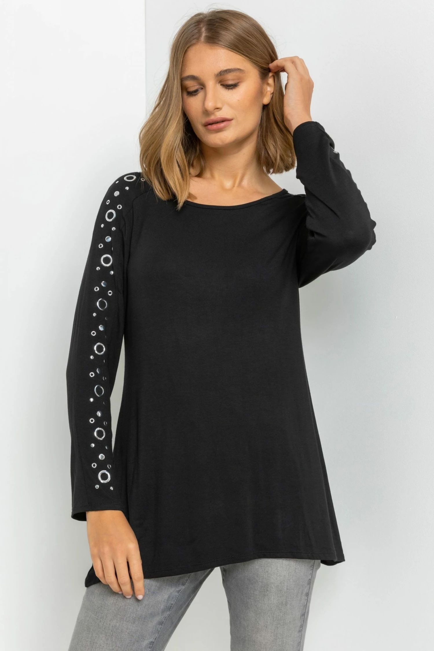 Roman Black Eyelet Embellished Sleeve Jersey Top 3 Roman Black Eyelet Embellished Sleeve Jersey Top
