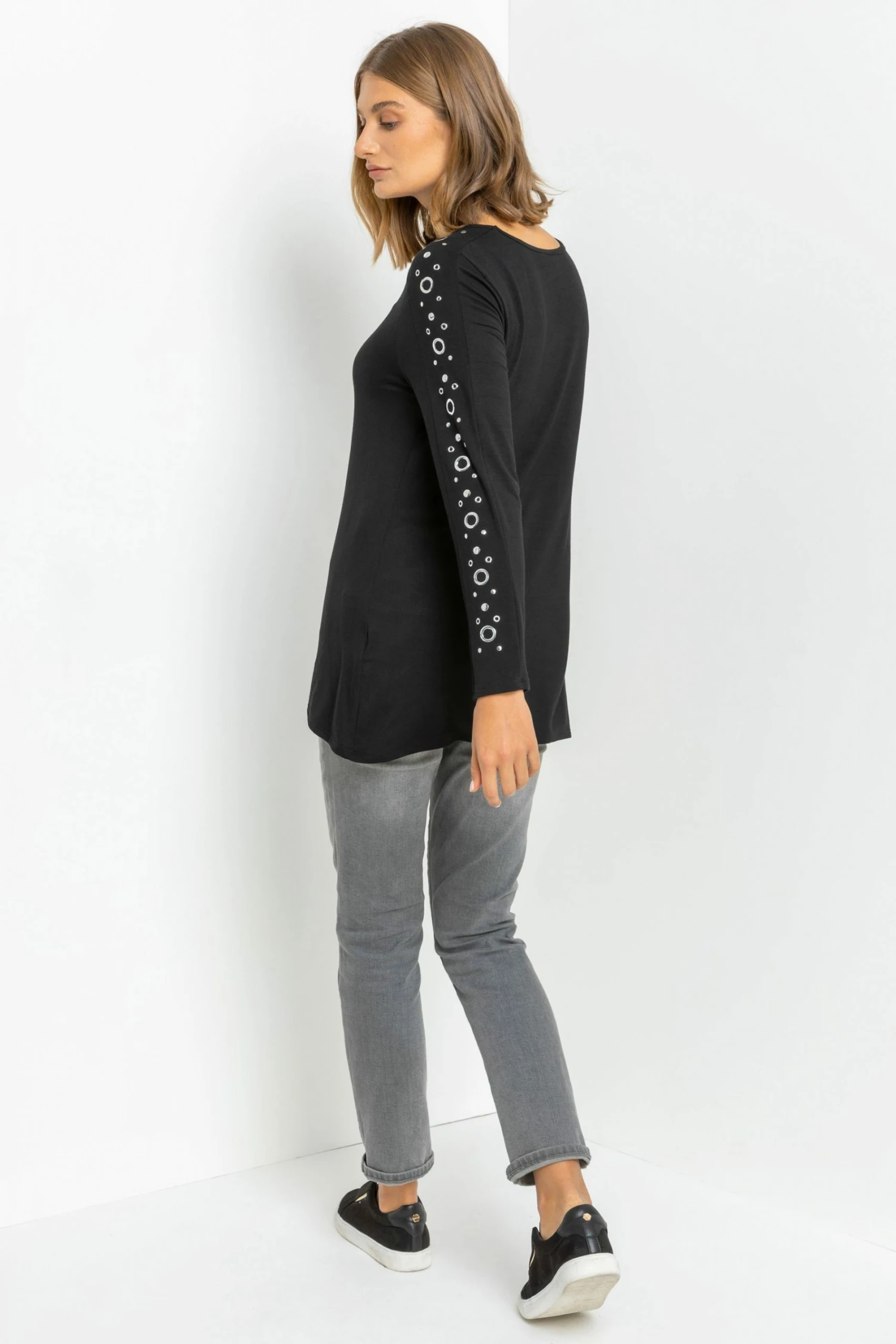 Roman Black Eyelet Embellished Sleeve Jersey Top 4 Roman Black Eyelet Embellished Sleeve Jersey Top - Image 2