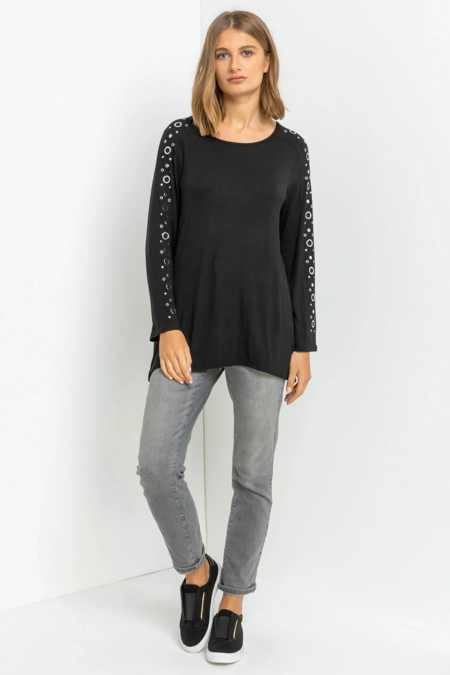 Roman Black Eyelet Embellished Sleeve Jersey Top 5 Roman Black Eyelet Embellished Sleeve Jersey Top - Image 3