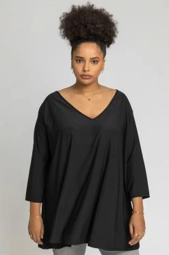Roman Black Curve Plain V Neck Jersey Top