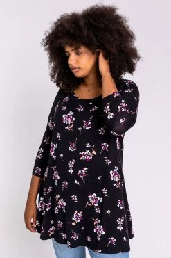 Roman Black Curve Floral Print Tunic Top