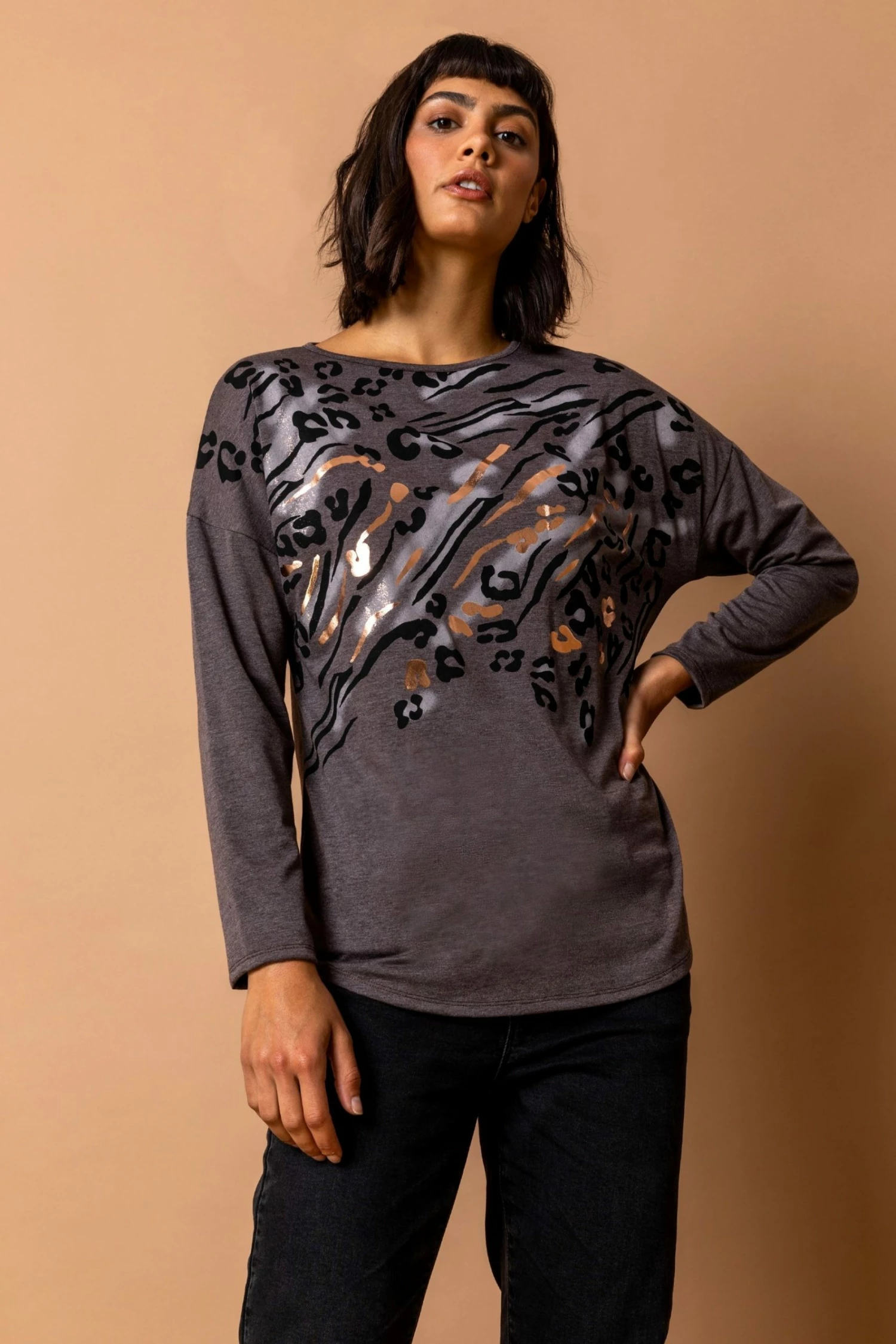 Roman Grey Animal Foil Print Top 3 Roman Grey Animal Foil Print Top