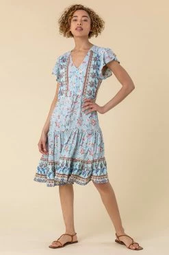 Roman Blue Frill Tie Waist Floral Dress