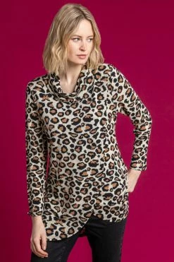 Roman Brown Animal Print Cowl Neck Tunic Top