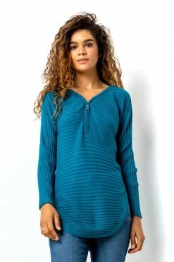 Roman Teal Blue Zip Front Textured Top