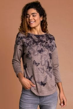 Roman Brown Butterfly Print Jersey Top