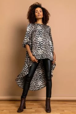 Roman Brown Animal Print Asymmetric Hem Top