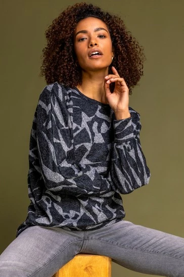 Roman Grey Abstract Animal Print Long Sleeve Top 7 Roman Grey Abstract Animal Print Long Sleeve Top - Image 5
