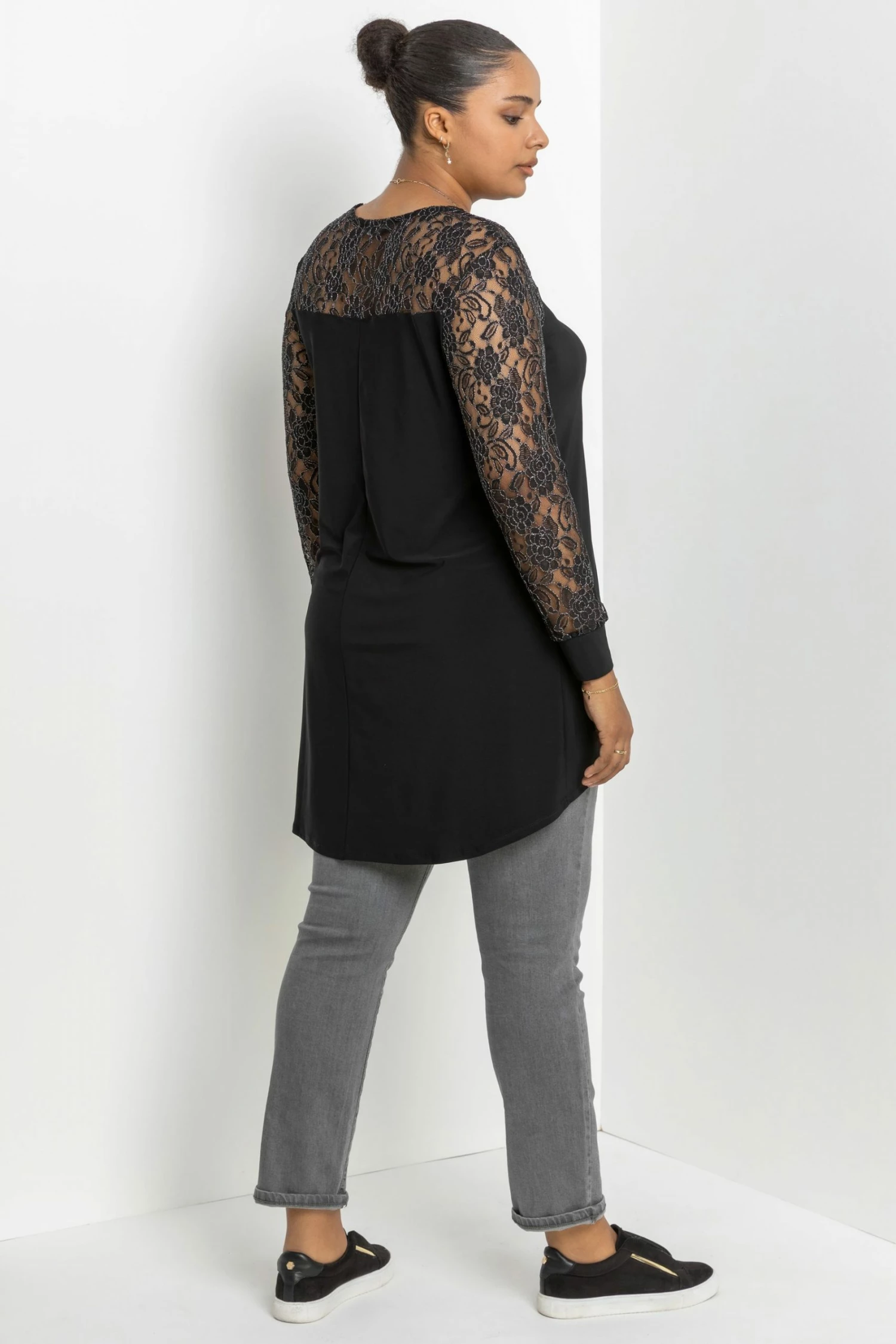 Roman Black Curve Metallic Lace Yoke Top 4 Roman Black Curve Metallic Lace Yoke Top - Image 2