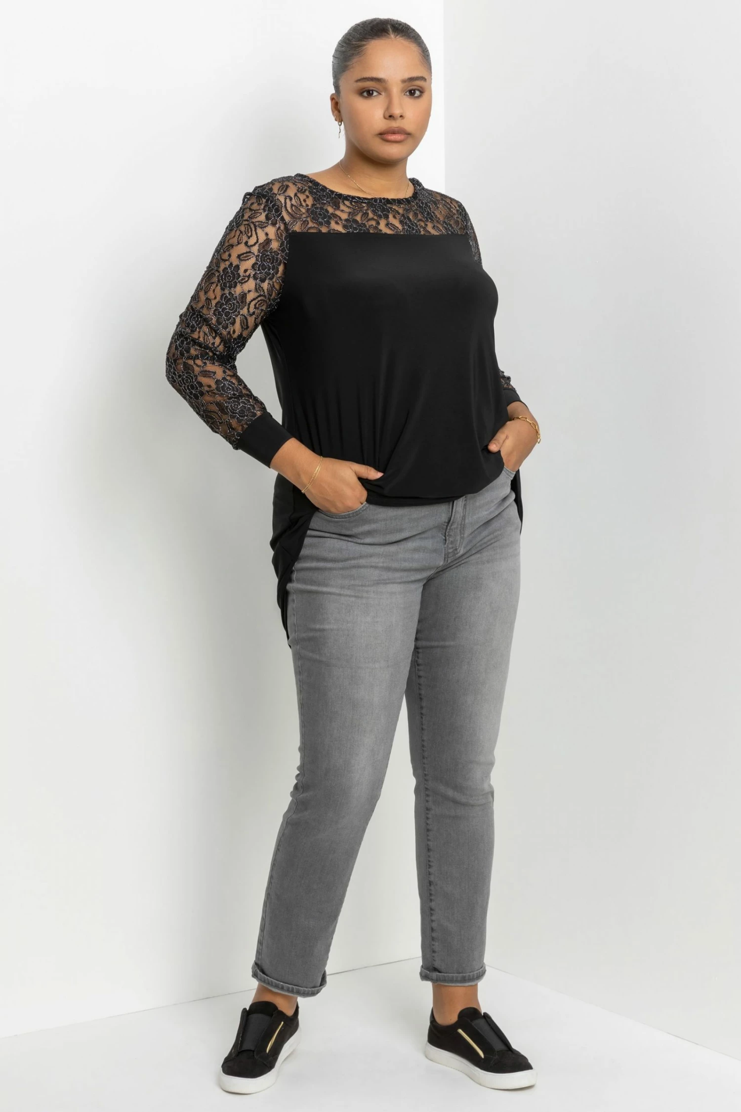Roman Black Curve Metallic Lace Yoke Top 5 Roman Black Curve Metallic Lace Yoke Top - Image 3